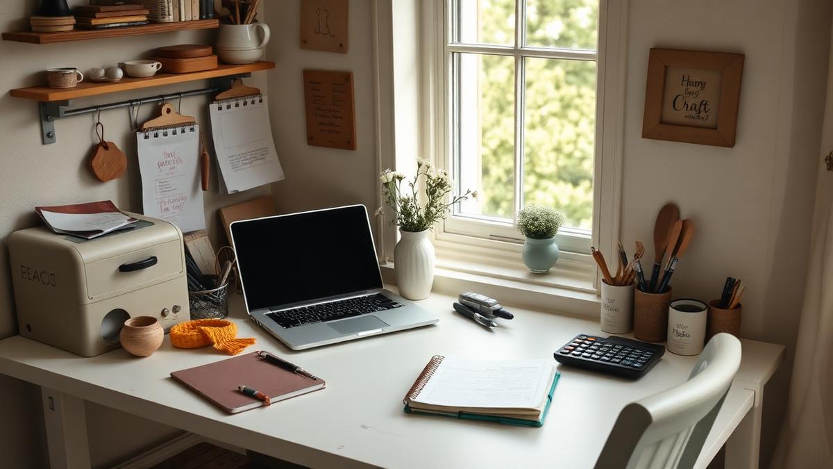 Craft side hustle desk with a laptop, notebook and calculator in a Cornish home office