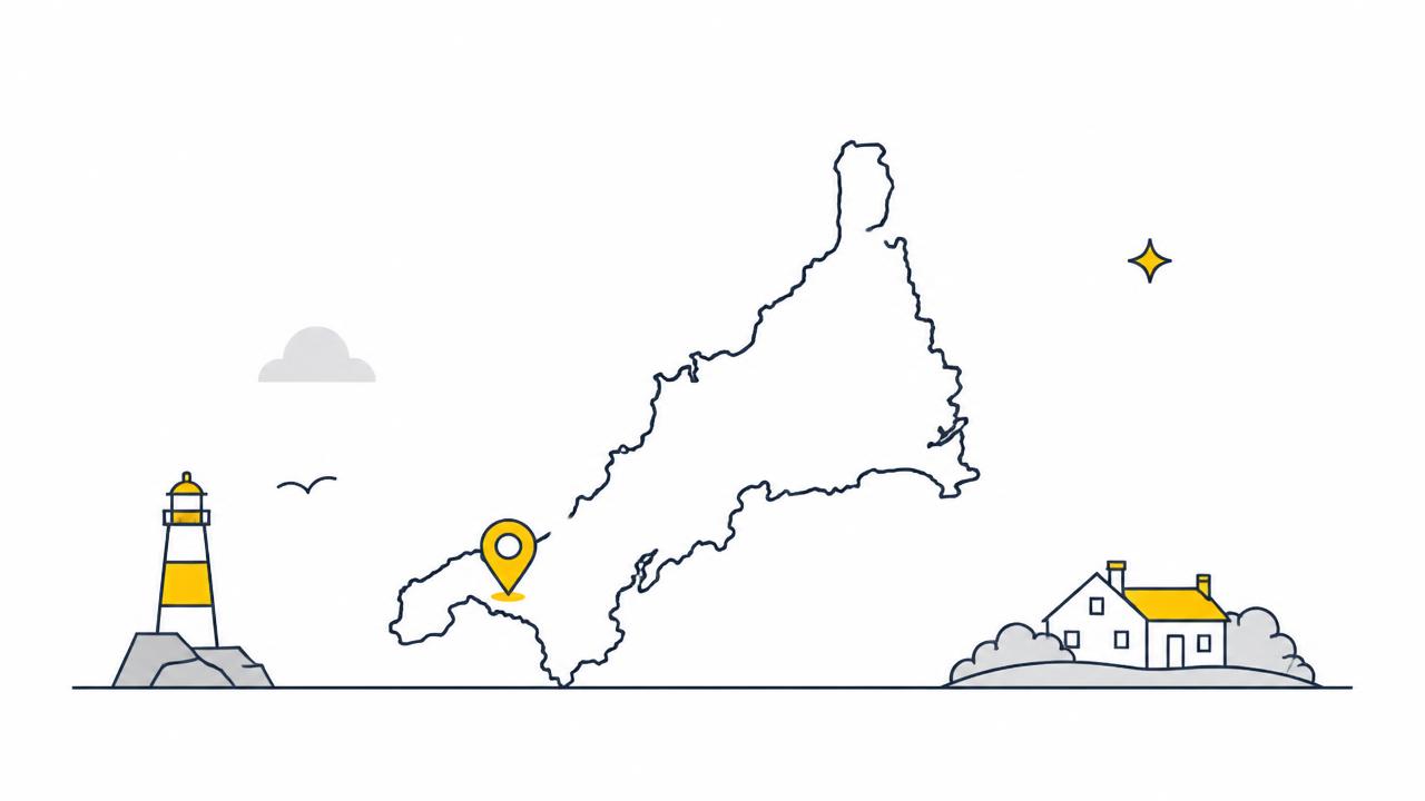 Illustration of a Cornwall map with a location pin, lighthouse and cottage