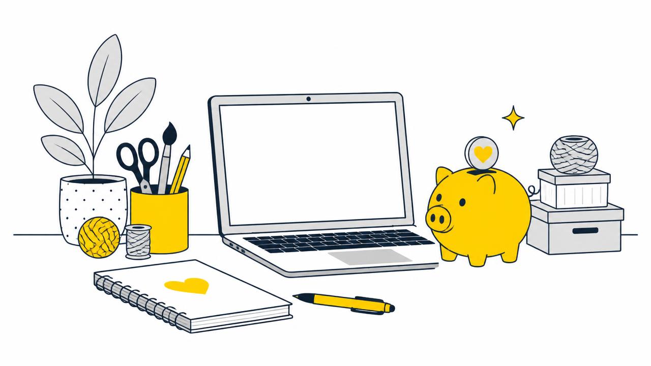 Illustration of a craft side-hustle desk with a laptop, notebook and piggy bank