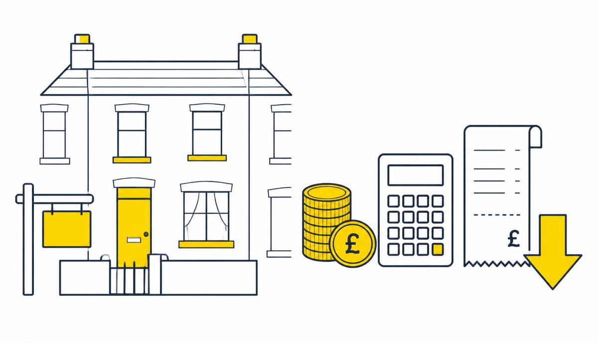 Illustration of a rental property with a letting sign, coins, calculator and a receipt showing lower tax