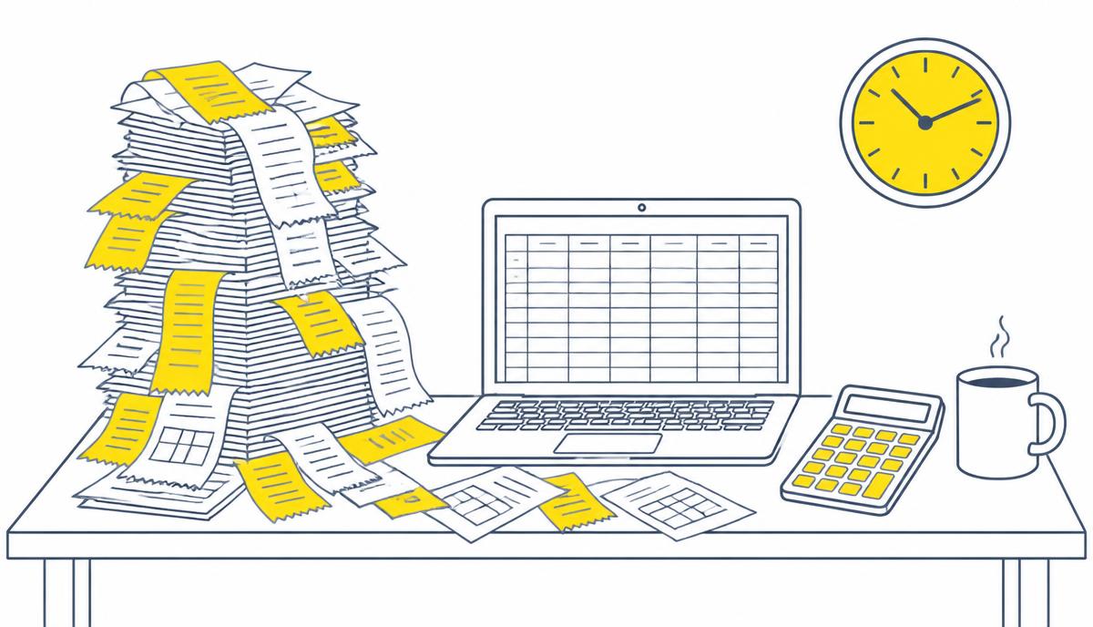 Flat illustration of a desk piled with receipts, a laptop spreadsheet, calculator and late-night clock, showing the hidden cost of DIY bookkeeping