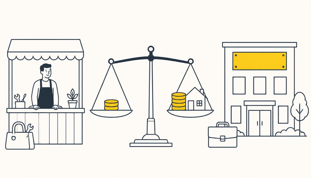 Illustration comparing a sole trader at a market stall with a limited company office, with a balance scale weighing profits