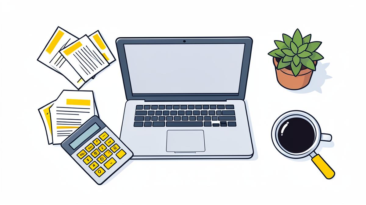 Illustration of a desk with laptop, receipts, calculator and magnifying glass for small business expenses