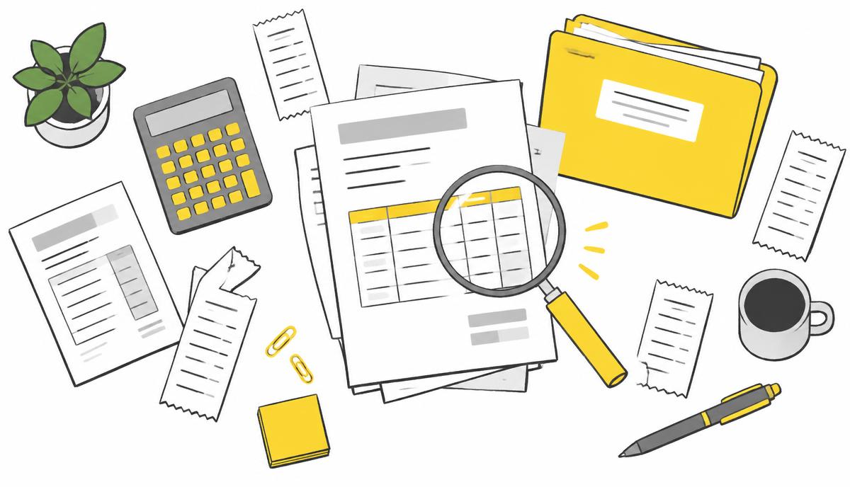 Illustration of a desk covered in scattered invoices and receipts, with a calculator and magnifying glass