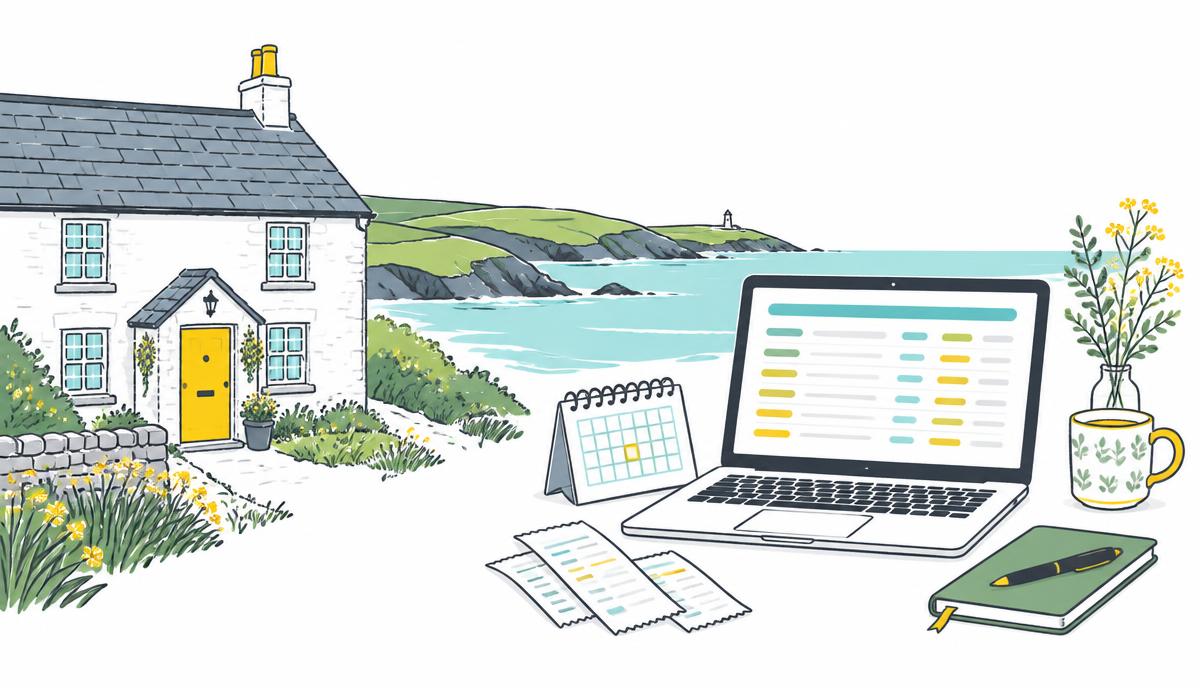 Illustration of a Cornish coastal holiday cottage beside a laptop showing digital bookkeeping records, a calendar and receipts